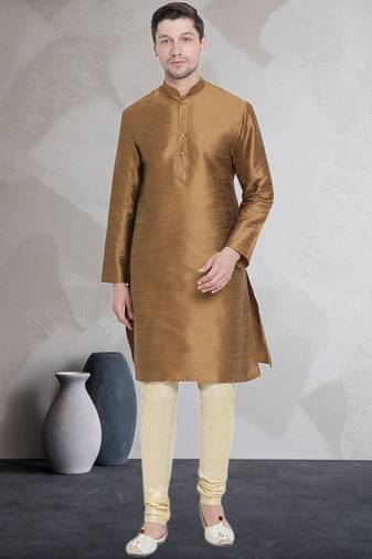 Gold art dupion silk mens plain kurta pajama