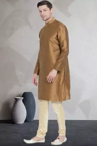 Gold art dupion silk mens plain kurta pajama