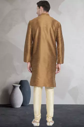 Gold art dupion silk mens plain kurta pajama