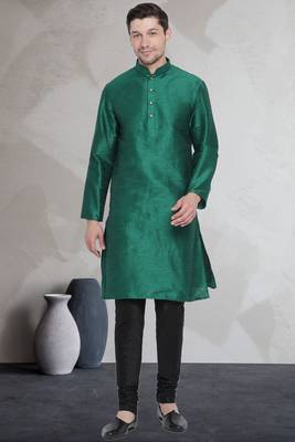 Green art dupion silk mens plain kurta pajama 1