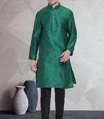 Green art dupion silk mens plain kurta pajama