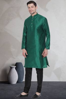 Green art dupion silk mens plain kurta pajama 2
