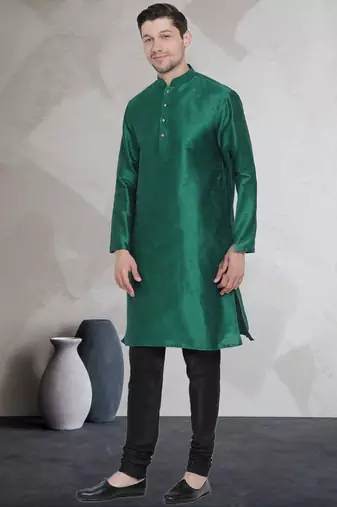 Green art dupion silk mens plain kurta pajama