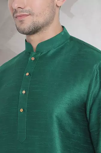 Green art dupion silk mens plain kurta pajama
