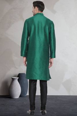 Green art dupion silk mens plain kurta pajama 4