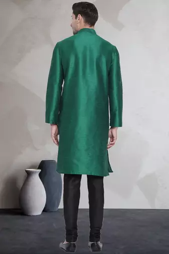 Green art dupion silk mens plain kurta pajama