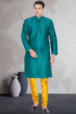 Green art dupion silk mens plain kurta pajama 1