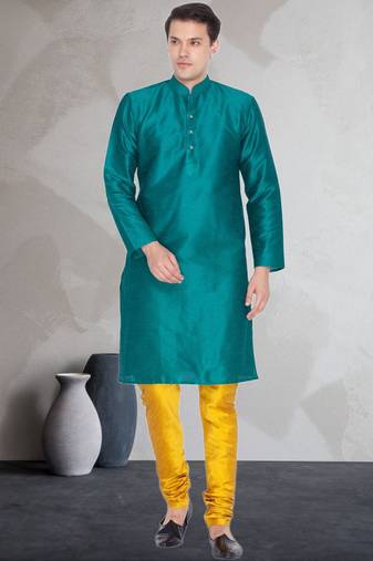 Green art dupion silk mens plain kurta pajama