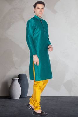 Green art dupion silk mens plain kurta pajama 2