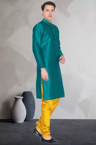 Green art dupion silk mens plain kurta pajama