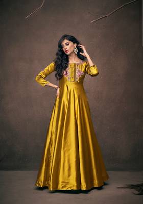 Yellow Jari & Resham Embroidery With Stone Work Satin Silk Stiched Readymade Gown 2
