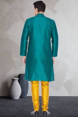 Green art dupion silk mens plain kurta pajama 4