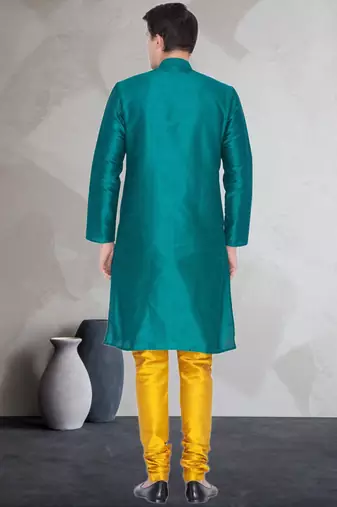Green art dupion silk mens plain kurta pajama