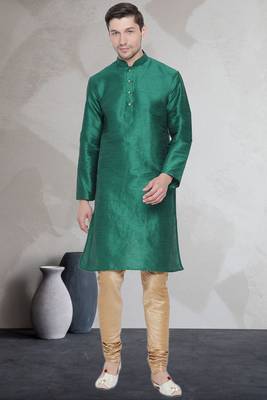 Green art dupion silk mens plain kurta pajama 1