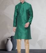 Green art dupion silk mens plain kurta pajama