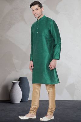 Green art dupion silk mens plain kurta pajama 2