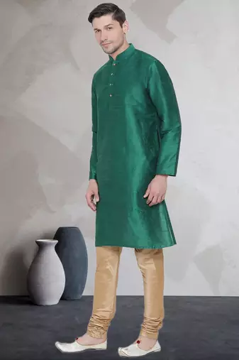 Green art dupion silk mens plain kurta pajama