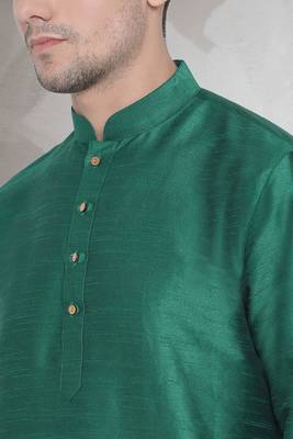 Green art dupion silk mens plain kurta pajama 3