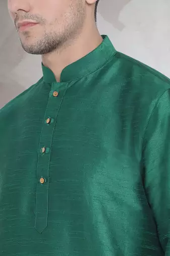 Green art dupion silk mens plain kurta pajama