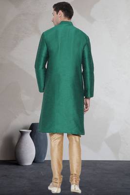 Green art dupion silk mens plain kurta pajama 4
