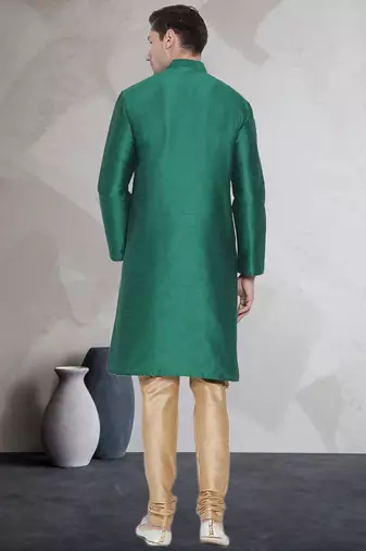 Green art dupion silk mens plain kurta pajama