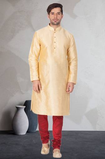 Fawn art dupion silk mens plain kurta pajama