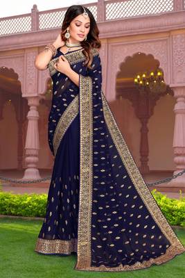 Navy Blue Zari Embroidered Stone Border Georgette Designer Saree With Blouse Piece 1