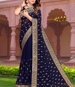 Navy Blue Zari Embroidered Stone Border Georgette Designer Saree With Blouse Piece