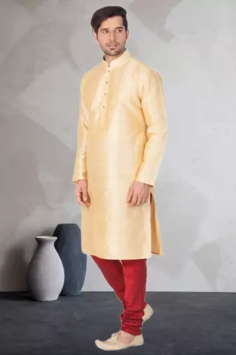 Fawn art dupion silk mens plain kurta pajama