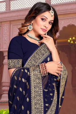 Navy Blue Zari Embroidered Stone Border Georgette Designer Saree With Blouse Piece 2