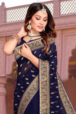 Navy Blue Zari Embroidered Stone Border Georgette Designer Saree With Blouse Piece 3
