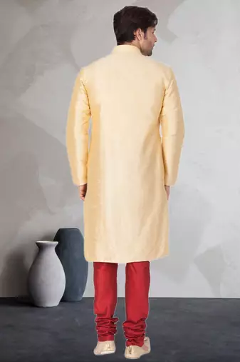 Fawn art dupion silk mens plain kurta pajama