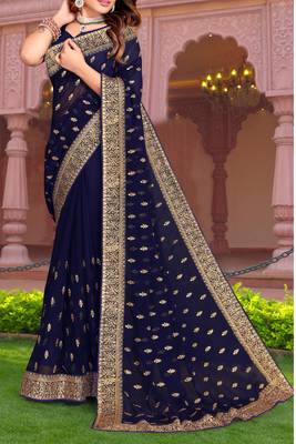 Navy Blue Zari Embroidered Stone Border Georgette Designer Saree With Blouse Piece 4