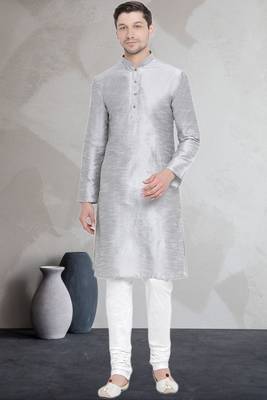 Grey art dupion silk mens plain kurta pajama 1