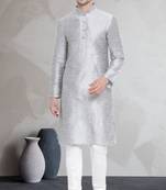 Grey art dupion silk mens plain kurta pajama