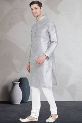 Grey art dupion silk mens plain kurta pajama 2