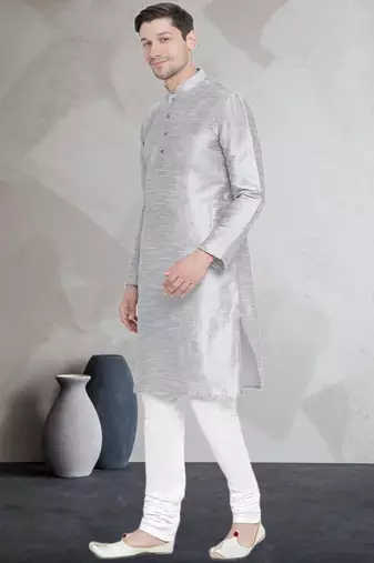 Grey art dupion silk mens plain kurta pajama