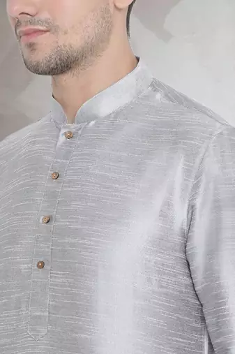 Grey art dupion silk mens plain kurta pajama