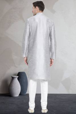 Grey art dupion silk mens plain kurta pajama 4