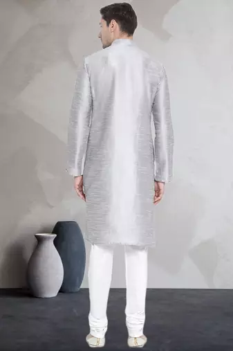 Grey art dupion silk mens plain kurta pajama