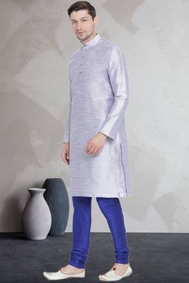 Grey art dupion silk mens plain kurta pajama 1