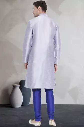 Grey art dupion silk mens plain kurta pajama