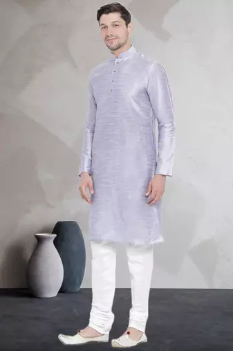 Grey art dupion silk mens plain kurta pajama