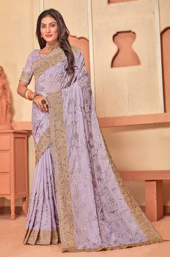 Lavender Zari Embroidered Crepe Silk Party Wear Saree With Blouse Piece