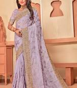 Lavender Zari Embroidered Crepe Silk Party Wear Saree With Blouse Piece