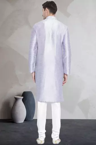 Grey art dupion silk mens plain kurta pajama