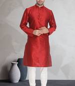 Red art dupion silk mens plain kurta pajama