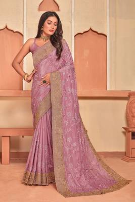 Dusty Pink Zari Embroidered Crepe Silk Party Wear Saree With Blouse Piece 1