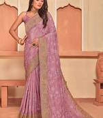 Dusty Pink Zari Embroidered Crepe Silk Party Wear Saree With Blouse Piece