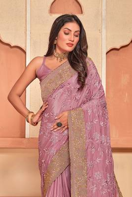 Dusty Pink Zari Embroidered Crepe Silk Party Wear Saree With Blouse Piece 3